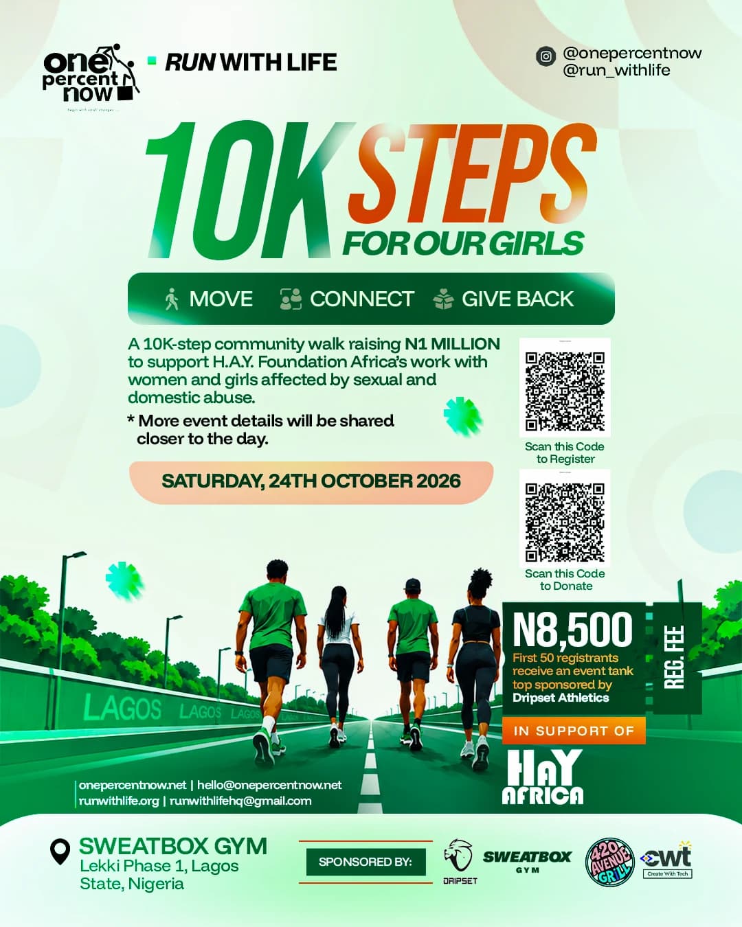 10K Steps for Our Girls poster: a community walk in Lagos on Saturday 24 October 2026, ₦8,500 registration, in support of HAY Africa
